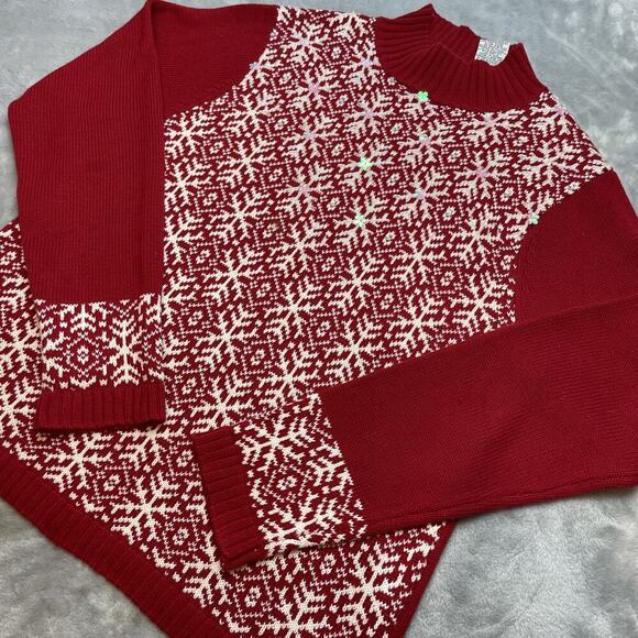 Vintage White Stag Sequined Snowflake Sweater Womens L Red Mock Neck Holiday - Picture 1 of 8
